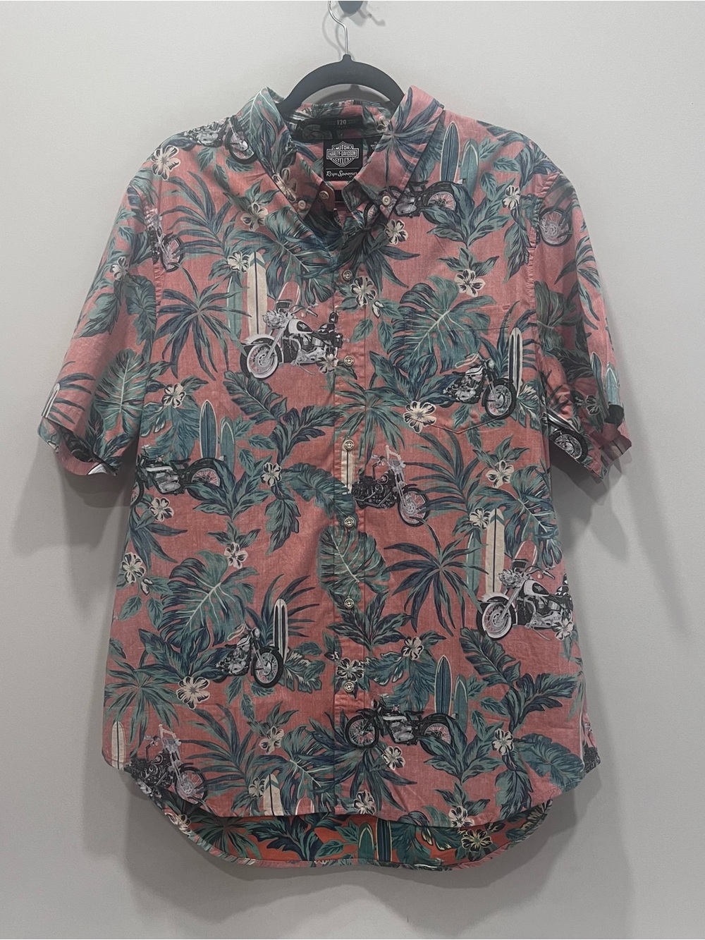 Harley-Davidson Coral and Teal Tropical Motorcycle Button-Down Shirt New w/Tag
